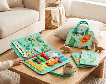 Tablero de actividades Montessori de dinosaurios: juguete de fieltro para niños pequeños que estimula la motricidad fina.