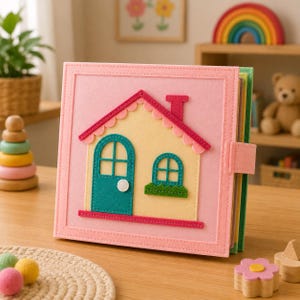 May include: A square felt quiet book featuring a light pink cover with a yellow house appliqué. The house has a teal arched door with a white knob, a teal window with a green planter box, and a scalloped dark pink roof with a chimney.