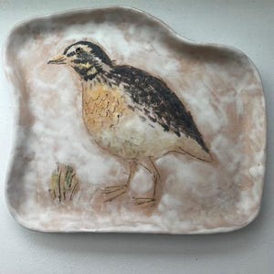 May include: An irregular, hand-formed ceramic tray featuring a hand-painted illustration of a bird in profile. The bird has black, white, and tan plumage. The tray surface has a mottled, cloudy white and light brown glaze finish.