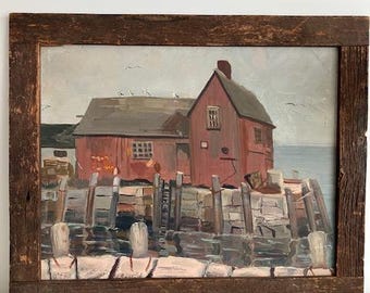 Oil Painting Vintage Impressionist - Bradley Wharf Rockport Massachusetts by J. Cavanaugh, Mid-Century New England Maritime Harbor Scene