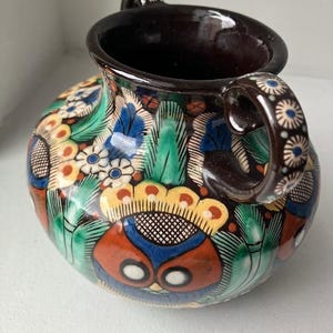 Antik Thoune Majolica Vas ca 1905 - Signerad Adolf Schweizer, Ugglemotiv, Mönster 85 - Arts & Crafts Art Pottery Tvåhandtags Keramikurna