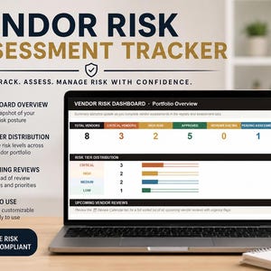 Peut inclure: Un ordinateur portable affiche un tableau de bord "Vendor Risk Assessment Tracker", avec des visualisations de données et du texte. Une tasse avec le texte "Manage Risk" et un stylo sur un bloc-notes sont sur le bureau.