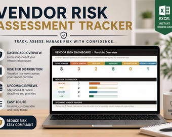 May include: A laptop displays a "Vendor Risk Assessment Tracker" dashboard, with data visualizations and text. A mug with "Manage Risk" text and a pen on a notepad are on the desk. The image promotes risk management.