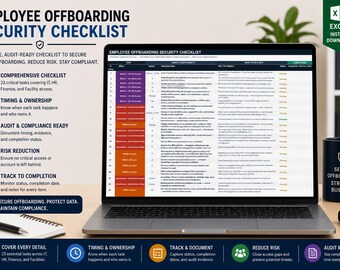 May include: A laptop displays an "Employee Offboarding Security Checklist" with a comprehensive list of tasks. A black mug with the text "Secure Offboarding. Stronger Business" sits beside the laptop. The image also includes a notepad and pen.