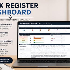 Puede incluir: Una computadora portátil muestra un "Panel de registro de riesgos" con visualizaciones de datos y categorías de riesgos clave. La pantalla muestra la distribución de riesgos, el desglose del marco y las notas del auditor. Una taza con "Gestionar el riesgo, reducir el riesgo, cumplir" está al lado.