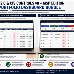 May include: A digital dashboard bundle for cybersecurity maturity and controls implementation, featuring two laptops displaying data. The text reads "NIST CSF 2.0 & CIS CONTROLS v8 - MSP EDITION CLIENT PORTFOLIO DASHBOARD BUNDLE."
