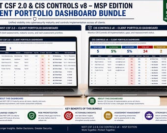 Op de afbeelding: Een digitale dashboardbundel voor de implementatie van cybersecurity volwassenheid en controles, met twee laptops die gegevens weergeven. De tekst luidt "NIST CSF 2.0 & CIS CONTROLS v8 - MSP EDITION CLIENT PORTFOLIO DASHBOARD BUNDLE."