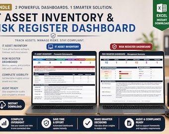 May include: A promotional image for IT asset inventory and risk register dashboards. Two laptops display data visualizations. Text includes "IT Asset Inventory & Risk Register Dashboard" and "Excel Instant Download". A mug with "Track Assess Protect" is visible.