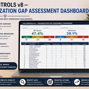 May include: A laptop displays the "CIS CONTROLS v8 - ORGANIZATION GAP ASSESSMENT DASHBOARD." The screen shows data analysis with charts and scores. A mug with "Measure, Analyze, Improve" text sits to the right. The image promotes security and data analysis.