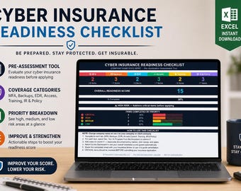 Op de afbeelding: Een laptop toont een "Cyber Insurance Readiness Checklist" met een kleurenkaart en tekst. De afbeelding bevat een mok met de tekst "Stay Ready Stay Covered" en een Excel instant download-pictogram.