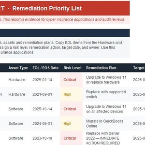 May include: A document titled "END-OF-LIFE ASSET REPORT - Remediation Priority List" with a red header. The report details asset/software, asset type, EOL/EOS date, risk level, remediation plan, target date, owner, and status. It is for cyber insurance applications.