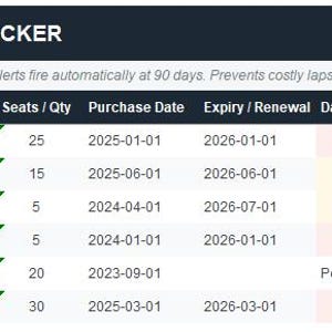May include: A software license and subscription tracker table with columns for software, vendor, license type, and expiry dates. The table includes data for Microsoft 365, CrowdStrike, Veeam, Adobe Acrobat, and Windows Server. Renewal alerts are mentioned.