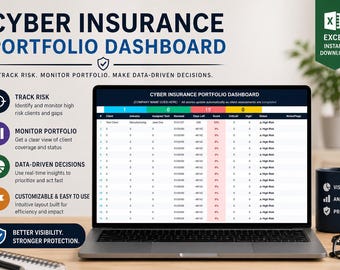 Op de afbeelding: Een laptop toont een cyberverzekeringsportfoliodashboard met gegevenstabellen en grafieken. Het scherm toont de titel "CYBER INSURANCE PORTFOLIO DASHBOARD" en de tekst "TRACK RISK. MONITOR PORTFOLIO. MAKE DATA-DRIVEN DECISIONS."