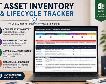 Op de afbeelding: Een laptop toont een IT-asset inventarisatie- en levenscyclus tracker, met de tekst "IT Asset Inventory & Lifecycle Tracker". Het scherm toont datacategorieën en een overzichtelijk dashboard. Een mok met "Manage Risk" staat rechts.