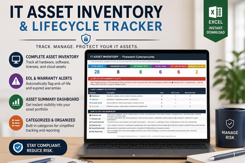May include: A laptop displays an IT asset inventory and lifecycle tracker, with the text "IT Asset Inventory & Lifecycle Tracker." The screen shows data categories and a summary dashboard. A mug with "Manage Risk" is on the right. An Excel download icon is in the top right.