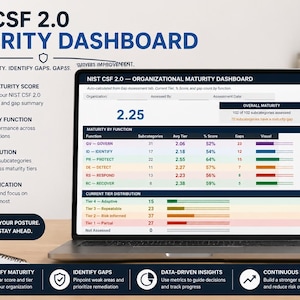 May include: A laptop displays a NIST CSF 2.0 Maturity Dashboard with data visualizations. The screen shows maturity scores, function breakdowns, and tier distributions. A mug with "Assess, Measure, Improve" sits beside the laptop. The image promotes data-driven insights.