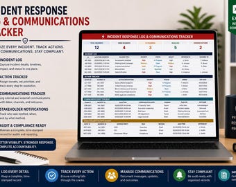 Op de afbeelding: Een laptop toont een "Incident Response Log & Communications Tracker" met gegevenstabellen. Het scherm toont incidentdetails, actietrackers en communicatielogboeken. Een mok met "Prepare, Respond, Protect" staat ernaast.
