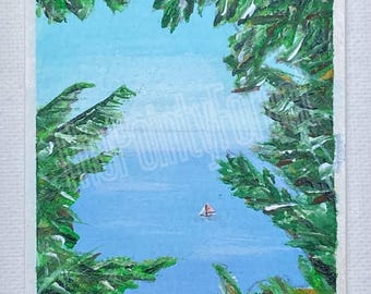 SAILBOAT on the SOUND - original acrylic painting ACEO