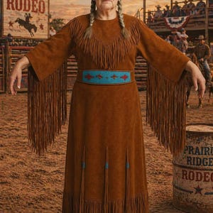 Puede incluir: Una mujer con un vestido de ante marrón con flecos en las mangas y el dobladillo, y un cinturón turquesa. El vestido tiene un escote con flecos. El fondo incluye un letrero de rodeo y un barril que dice "Prairie Ridge Rodeo".