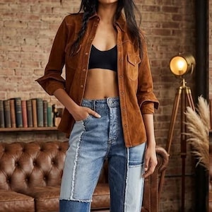 Vintage Style Brown Suede Shirt for Women, Western Cowgirl Button-Up, Genuine Suede Leather Jacket Shirt
