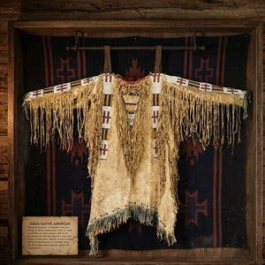 May include: A framed display of a Native American garment. The garment is made of tan-coloured hide with beaded accents in red, white, and blue. It has long fringe along the sleeves and bottom. The background is a dark blue textile with red and black geometric patterns.