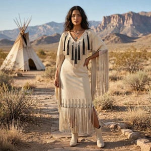 May include: A beige midi-length dress featuring long sleeves with extensive fringe detailing, a V-neckline adorned with black tassels and silver-toned beads, and a hemline finished with a row of silver-toned metal charms and long fringe.