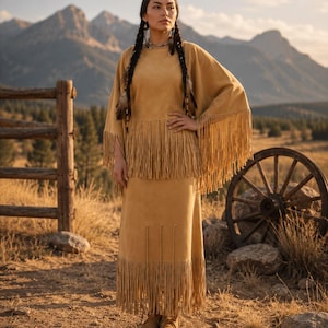 May include: A tan suede two-piece outfit consisting of a long-sleeved top and a matching skirt. The top features wide sleeves and a horizontal row of long fringe at the waist. The skirt has a matching fringe hem and vertical decorative stitching.
