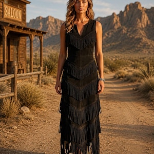 May include: A black sleeveless dress with a V-neck and tiered fringe detailing. The dress is set in a desert landscape, with a wooden saloon visible. The dress is worn with brown boots.