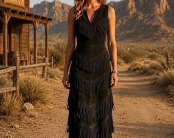Women’s Black Suede Fringe Dress, Western Cowgirl Dress, Native Inspired Leather Look Dress, Boho Fringe Maxi Dress