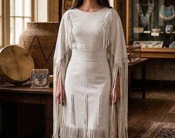 Abito da donna bianco boho con frange / Abbigliamento ispirato allo stile tribale western / Abito lungo da festival cowgirl powwow