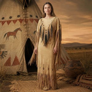 May include: A tan suede dress with long fringe and a fringed shawl. The dress has black and tan fringe accents and is worn in front of a teepee. The background features a sunset over a field.
