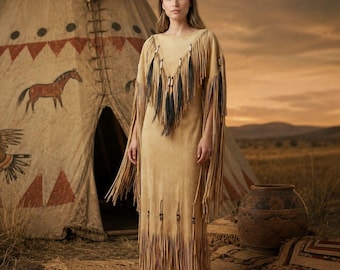 Vestido de mujer de piel de venado con flecos de inspiración nativa / Vestido ceremonial estilo llanura con horquilla para el cabello y adornos de plumas / Atuendo para powwow