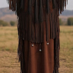 May include: Brown suede fringed poncho and dress ensemble. The poncho features long fringe and decorative silver-toned beads. The dress has a similar fringe design at the hem. A brown cowboy hat completes the look.