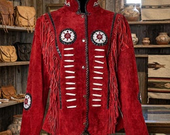 Women Red Suede Fringe Western Jacket, Beaded Leather Native Style Coat, Vintage Rodeo Fringed Suede Jacket