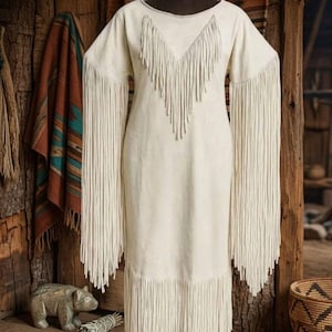 May include: Cream-colored dress with long sleeves and fringe detailing. The dress features fringe along the neckline, sleeves, and hem. The dress is displayed on a mannequin against a rustic wooden background, with a woven basket and a carved bear statue.