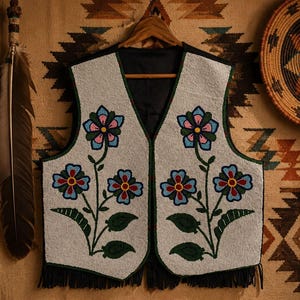 May include: A beaded vest featuring a floral pattern. The vest is white with a black lining and trim. The flowers are blue, pink, and red with green leaves. It has a fringe along the bottom and is suspended on a wooden hanger.