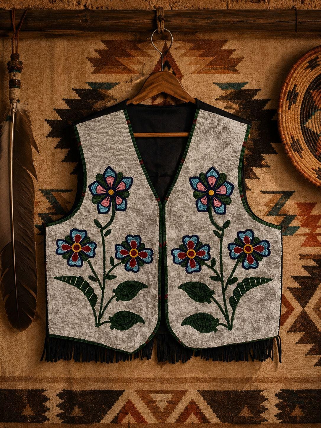 Men's Fully Beaded Floral Vest Heritage Style Woodlands Inspired Beadwork Vest Collector Fringe Vest