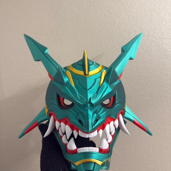 Raquaza Inspired Menpo Mask – Metallic Green 3D Printed Japanese Wall Art Prop