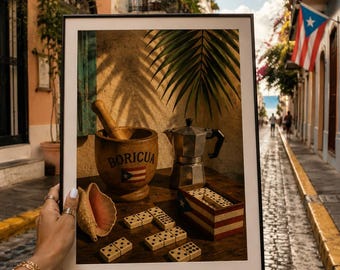 May include: A framed print featuring a still life with a wooden mortar and pestle, a coffee maker, dominoes, and a seashell. The mortar is inscribed with "Boricua" and the Puerto Rican flag. The background includes a palm leaf shadow.