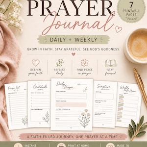 Può includere: Un diario di preghiera stampabile con sette pagine, con un design floreale e le parole "Prayer Journal". Include sezioni per preghiere quotidiane e settimanali, gratitudine e riflessione delle scritture. Il diario è progettato per incoraggiare la fede.