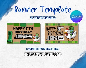 Minecraft Geburtstag Banner Vorlage, Kinder Party Dekor, druckbare Geburtstag Kulisse, Canva Vorlage, digitaler Download