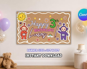 Teletubbies Birthday Banner, Kids Party Decor, Printable Birthday Backdrop, Toddler Party Theme, Canva Template, Digital Download