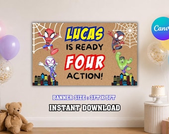 Spidey Friends Geburtstag Banner Vorlage, Spinne Party Dekor, DIY Painted Style, Party Banner, Spidey Canva Decor Hintergrund (Digitaler Download)