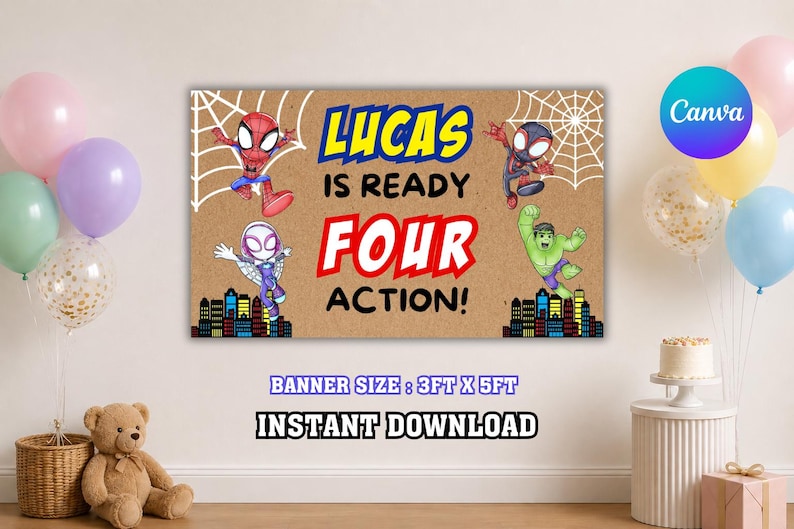May include: A rectangular banner with a tan background featuring the text LUCAS IS READY FOUR ACTION! and illustrations of four superheroes, spider webs, and a city skyline. The banner includes text stating the size is 3ft x 5ft and instant download.