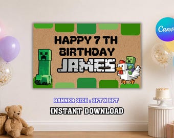 Minecraft Geburtstag Banner Vorlage, Kinder Party Dekor, druckbare Geburtstag Kulisse, Canva Vorlage, digitaler Download