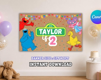 Plantilla digital para pancarta de fiesta de cumpleaños de Barrio Sésamo, decoración para fiestas infantiles, fondo imprimible para cumpleaños, plantilla de Canva, descarga digital.