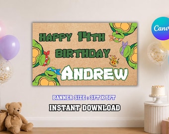 Ninja Turtle Birthday Backdrop, Pizza Party Decor (Digital Printable Banner)
