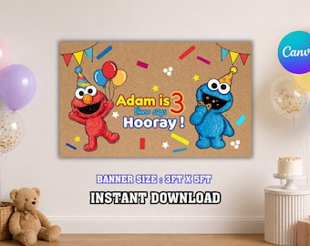 Sesamstraße Geburtstagsbanner | Elmo, Krümelmonster, großer Vogel (Digitaler Download)
