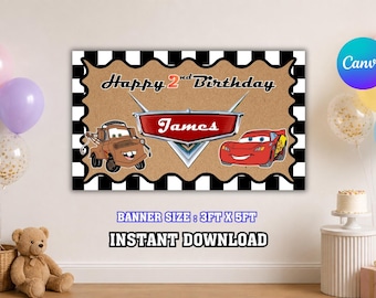 Lightning Cars Geburtstagsbanner, Thema Autos, bearbeitbare Canva Vorlage, digitaler Download