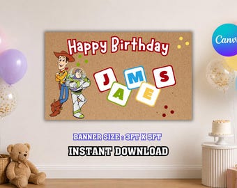 Bearbeitbar Sie haben einen Freund, der drei ist, 36x60 72x2 DIY Painted Style, Party Banner Schild, Spielzeug 3. Geburtstag Party Decor Backdrop